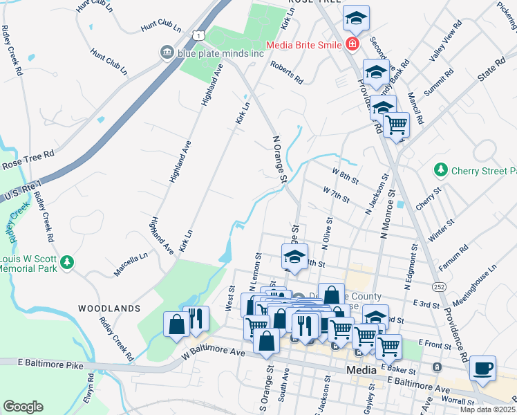 map of restaurants, bars, coffee shops, grocery stores, and more near 520 North Lemon Street in Media