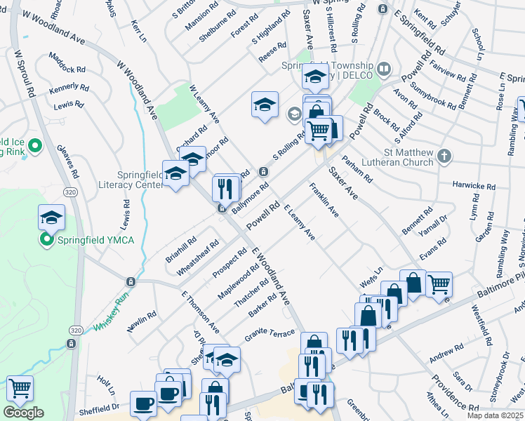map of restaurants, bars, coffee shops, grocery stores, and more near 326 Powell Road in Springfield