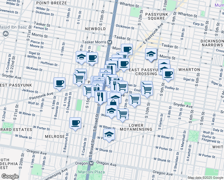 map of restaurants, bars, coffee shops, grocery stores, and more near 2031 South Juniper Street in Philadelphia