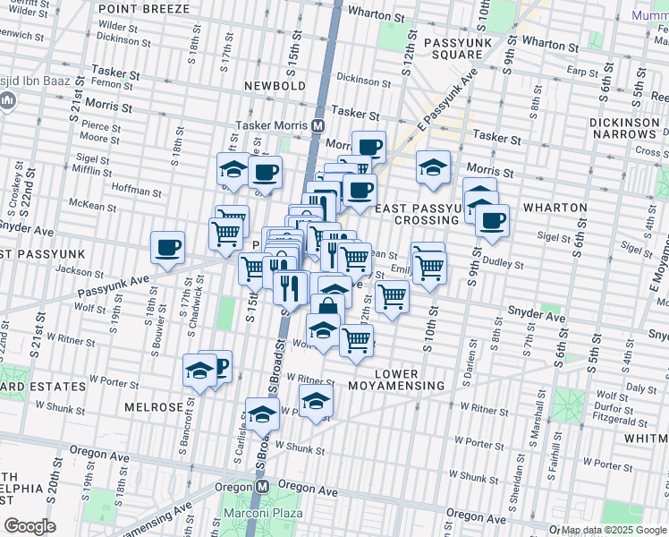 map of restaurants, bars, coffee shops, grocery stores, and more near 2028 South 13th Street in Philadelphia