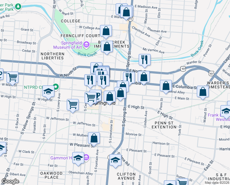 map of restaurants, bars, coffee shops, grocery stores, and more near 102 East Main Street in Springfield