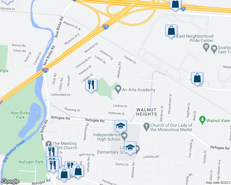 map of restaurants, bars, coffee shops, grocery stores, and more near 2633 Maybury Road in Columbus