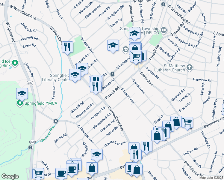 map of restaurants, bars, coffee shops, grocery stores, and more near 326 Powell Road in Springfield