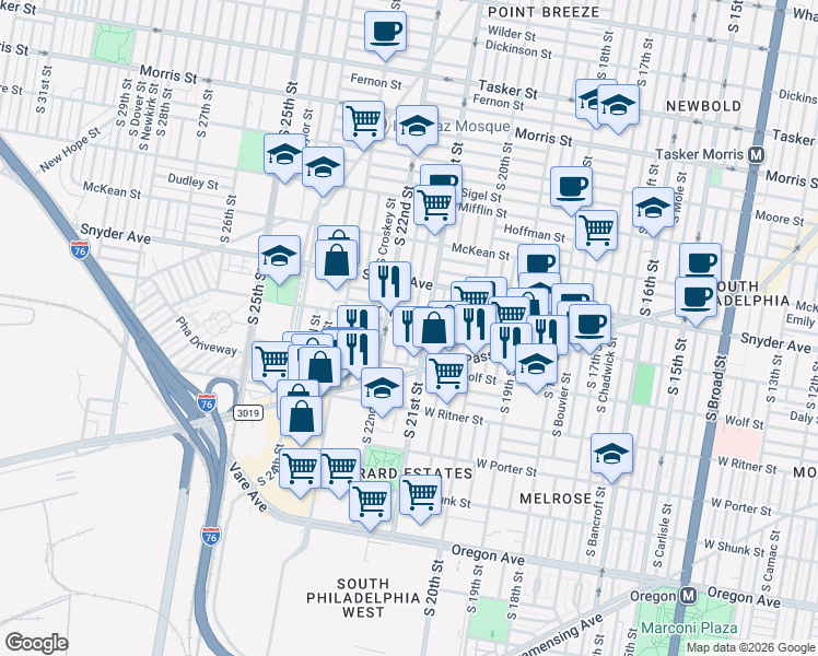 map of restaurants, bars, coffee shops, grocery stores, and more near in Philadelphia