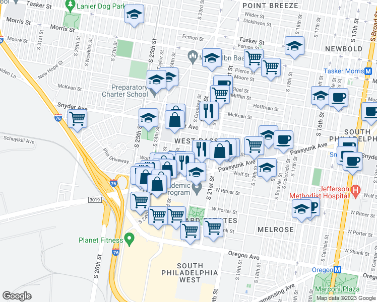 map of restaurants, bars, coffee shops, grocery stores, and more near 2214 South Croskey Street in Philadelphia