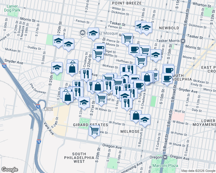map of restaurants, bars, coffee shops, grocery stores, and more near 2217 South Woodstock Street in Philadelphia