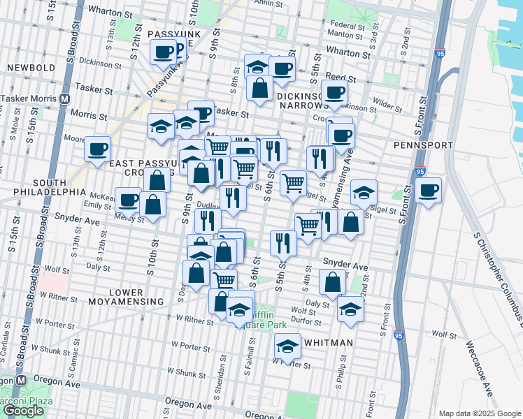 map of restaurants, bars, coffee shops, grocery stores, and more near 539 McKean Street in Philadelphia