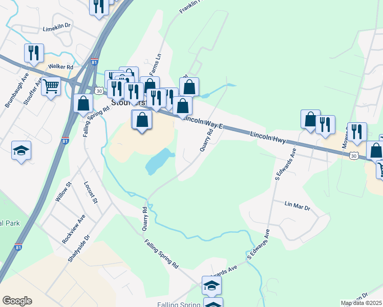 map of restaurants, bars, coffee shops, grocery stores, and more near 169 Quarry Road in Chambersburg