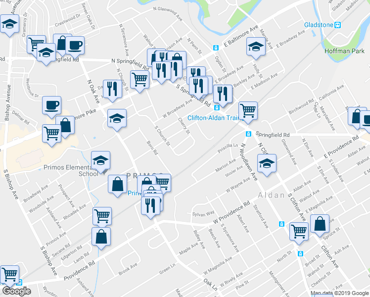map of restaurants, bars, coffee shops, grocery stores, and more near 129 Willowbrook Road in Clifton Heights