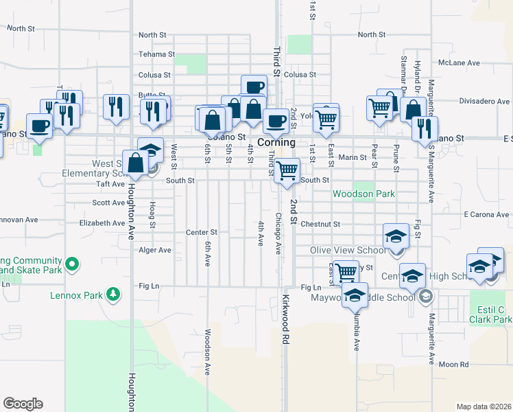 map of restaurants, bars, coffee shops, grocery stores, and more near 1212 4th Ave in Corning