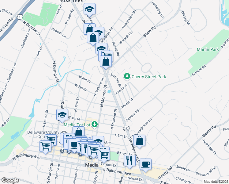 map of restaurants, bars, coffee shops, grocery stores, and more near 639 North Providence Road in Media