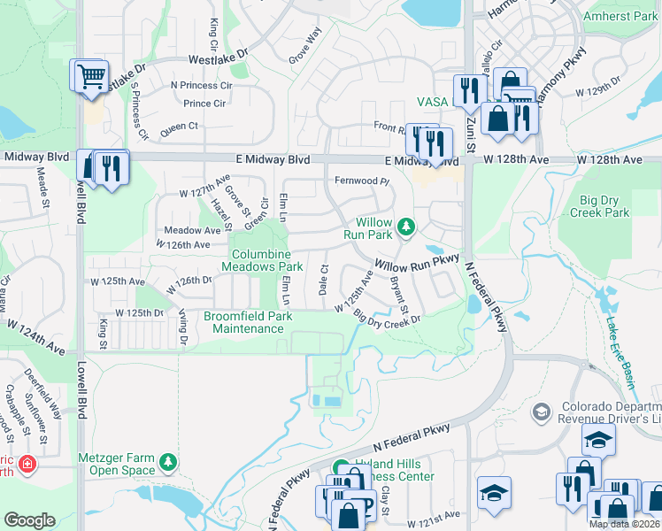 map of restaurants, bars, coffee shops, grocery stores, and more near 12558 Dale Court in Broomfield