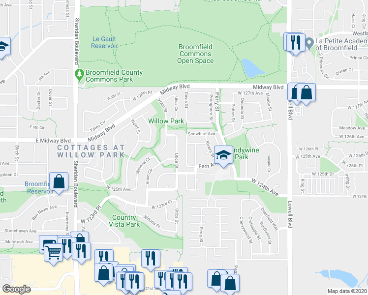 map of restaurants, bars, coffee shops, grocery stores, and more near 12533 Tammywood Street in Broomfield