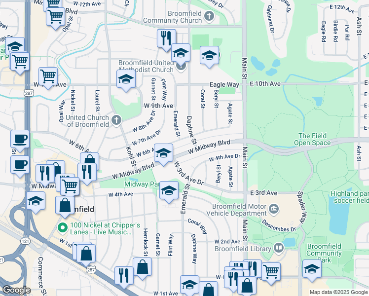 map of restaurants, bars, coffee shops, grocery stores, and more near 500 West Midway Boulevard in Broomfield