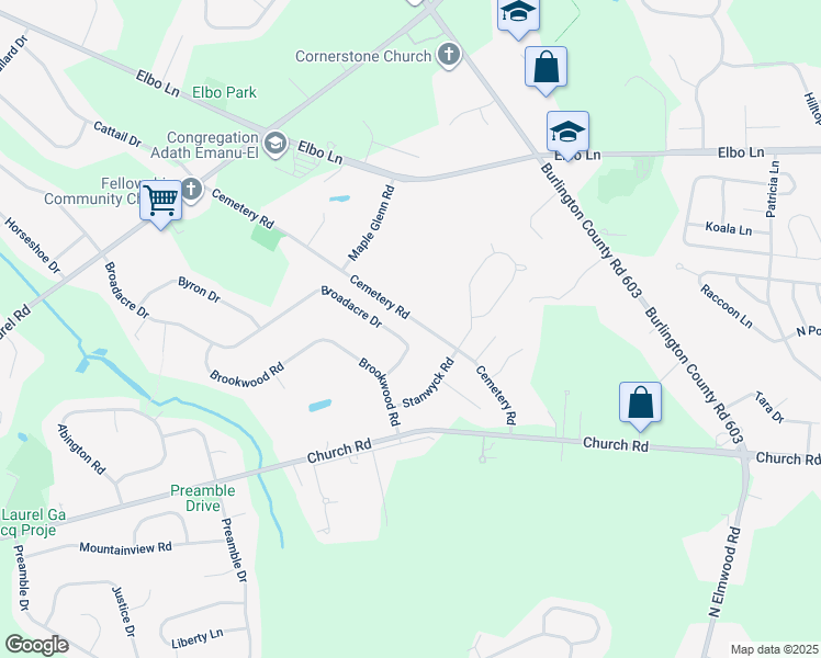 map of restaurants, bars, coffee shops, grocery stores, and more near 63 Broadacre Drive in Mount Laurel