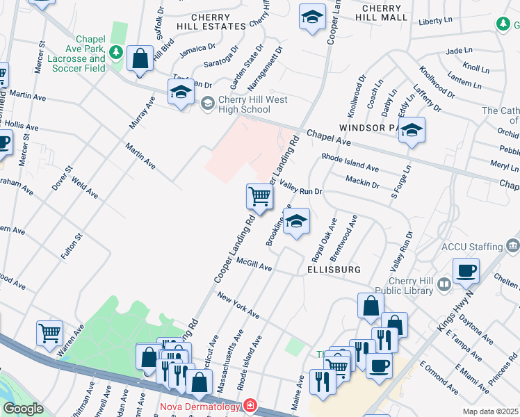 map of restaurants, bars, coffee shops, grocery stores, and more near 316 Cooper Landing Road in Cherry Hill