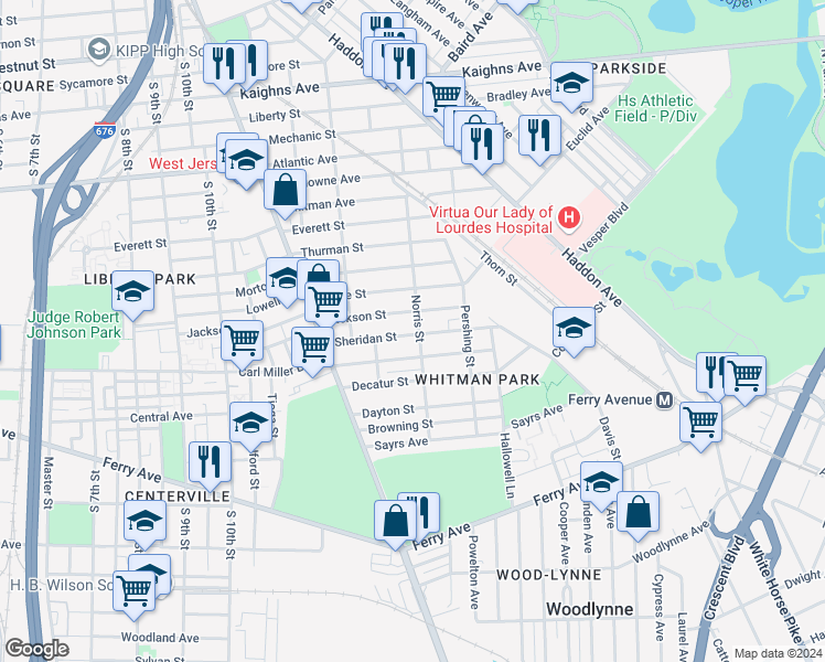 map of restaurants, bars, coffee shops, grocery stores, and more near 1277 Carl Miller Boulevard in Camden