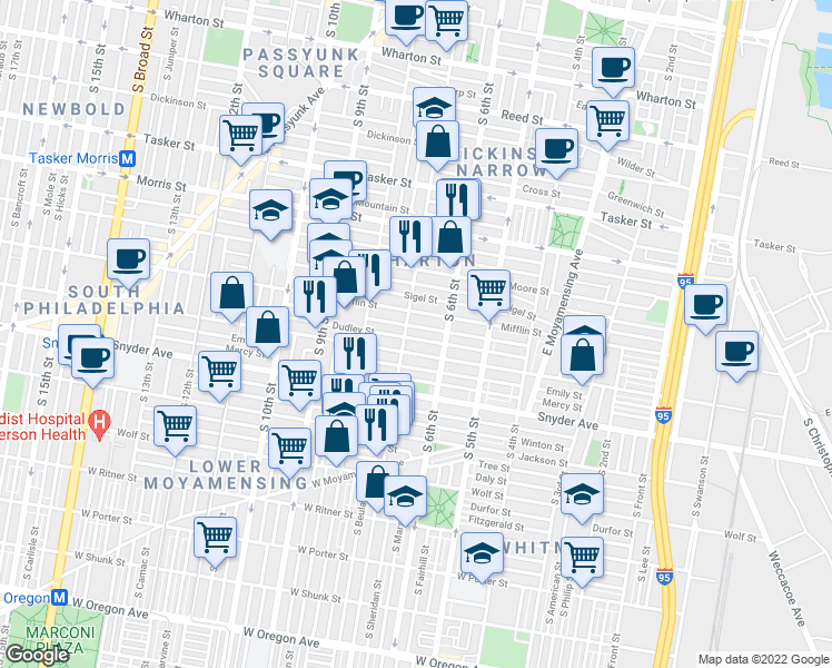 map of restaurants, bars, coffee shops, grocery stores, and more near in Philadelphia
