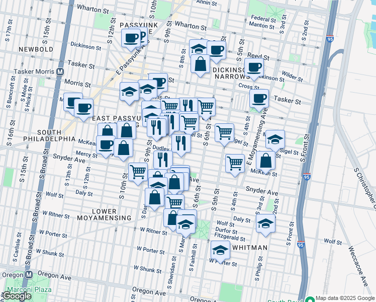 map of restaurants, bars, coffee shops, grocery stores, and more near in Philadelphia