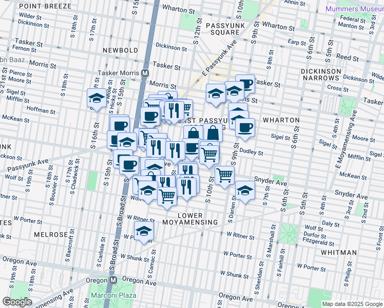 map of restaurants, bars, coffee shops, grocery stores, and more near 1119 Snyder Avenue in Philadelphia