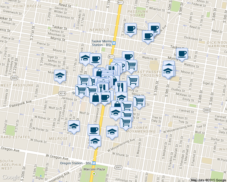 map of restaurants, bars, coffee shops, grocery stores, and more near 1311 East Snyder Avenue in Philadelphia