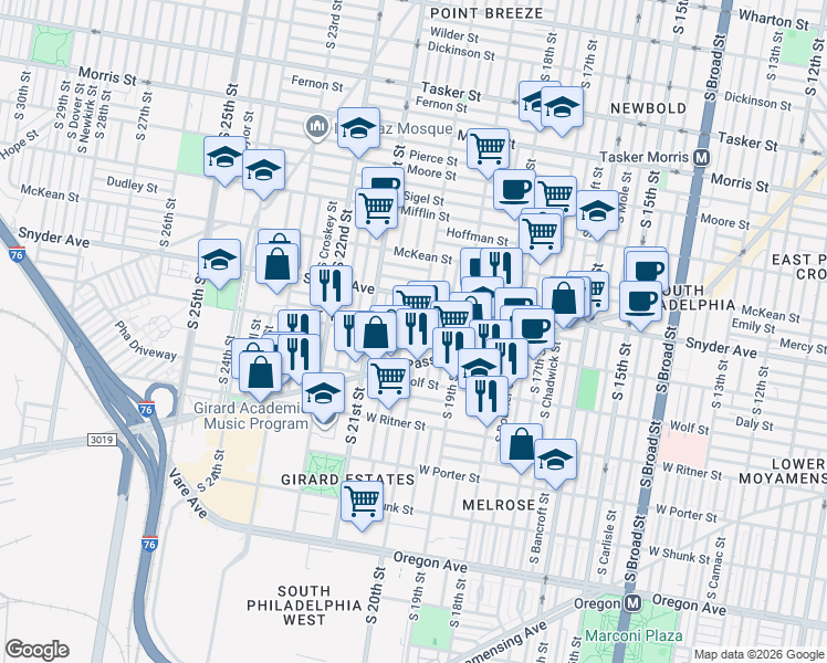 map of restaurants, bars, coffee shops, grocery stores, and more near 2217 South Woodstock Street in Philadelphia