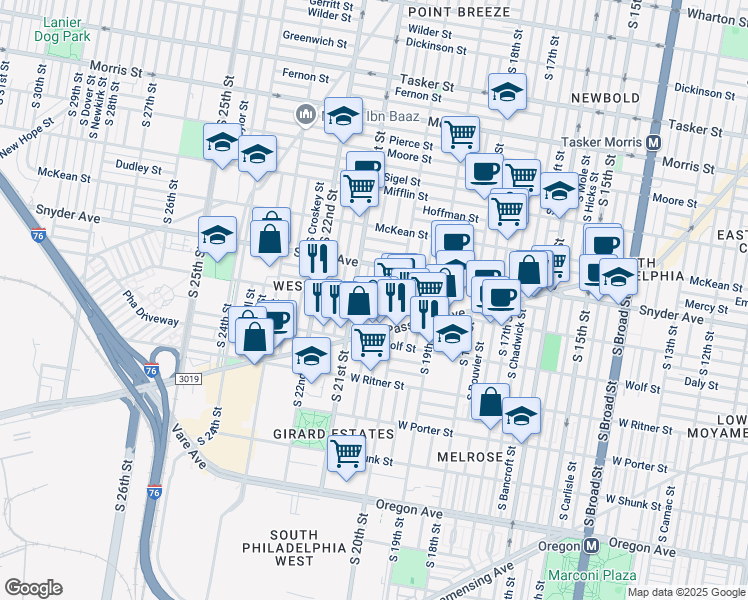 map of restaurants, bars, coffee shops, grocery stores, and more near 2217 South Woodstock Street in Philadelphia