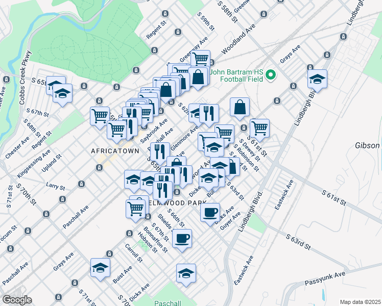 map of restaurants, bars, coffee shops, grocery stores, and more near 6319 Wheeler Street in Philadelphia