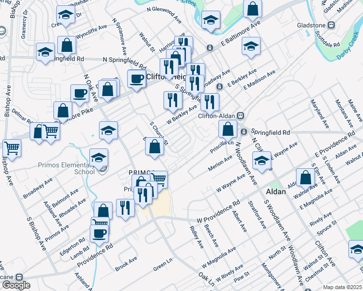 map of restaurants, bars, coffee shops, grocery stores, and more near 129 Willowbrook Road in Clifton Heights