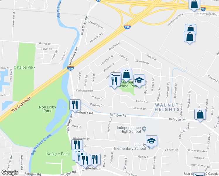 map of restaurants, bars, coffee shops, grocery stores, and more near 2627 Maywood Road in Columbus