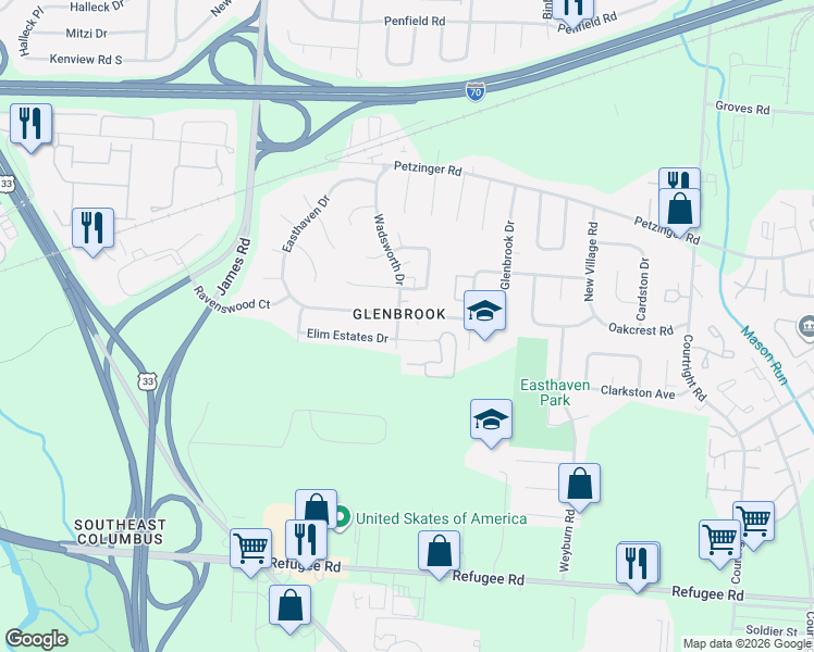 map of restaurants, bars, coffee shops, grocery stores, and more near 3101 Elim Estates Drive in Columbus
