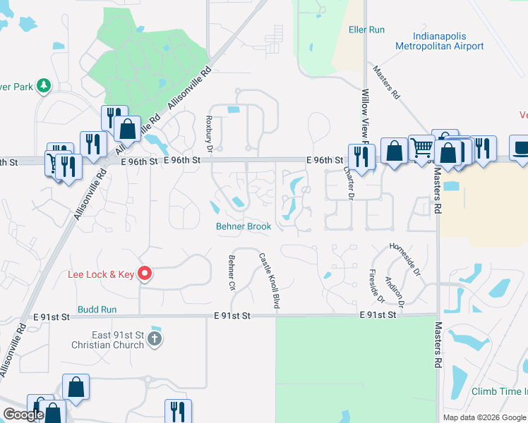 map of restaurants, bars, coffee shops, grocery stores, and more near 6460 Bay Vista Court in Indianapolis