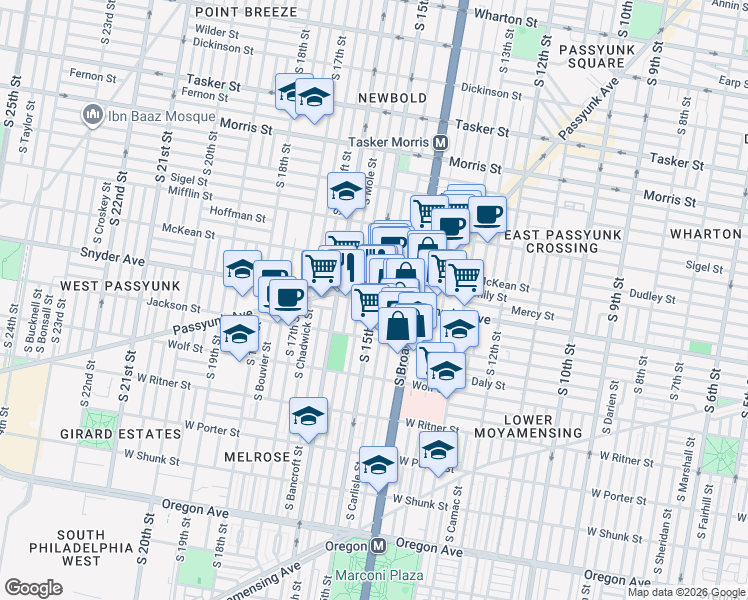 map of restaurants, bars, coffee shops, grocery stores, and more near S 15th St & Snyder Ave in Philadelphia
