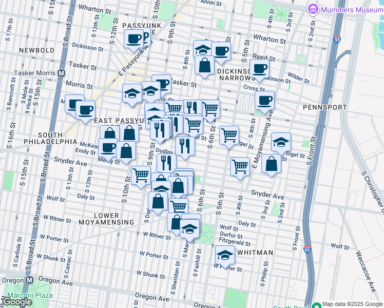 map of restaurants, bars, coffee shops, grocery stores, and more near 1923 South 7th Street in Philadelphia