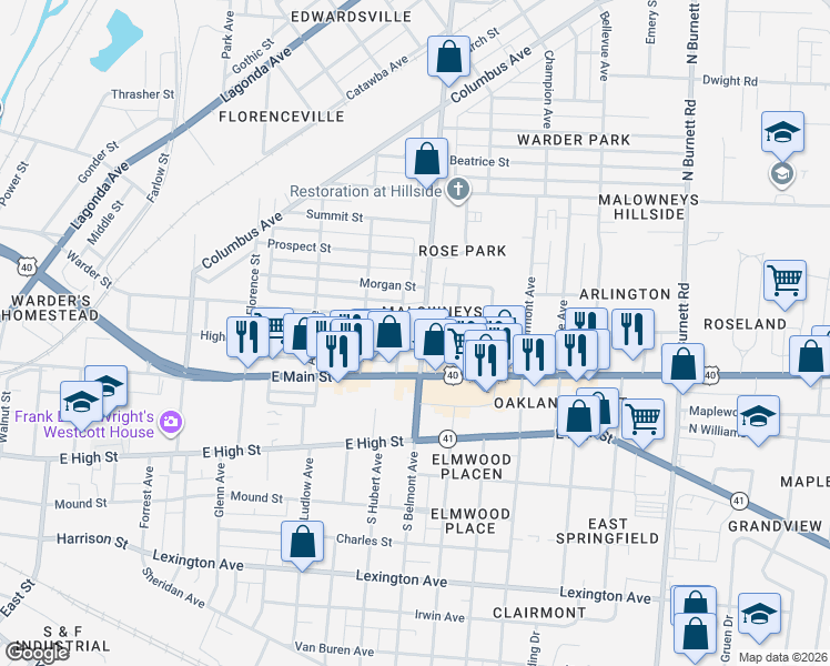 map of restaurants, bars, coffee shops, grocery stores, and more near 20 North Belmont Avenue in Springfield