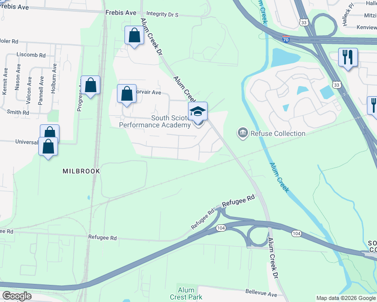 map of restaurants, bars, coffee shops, grocery stores, and more near 2143 Winslow Drive in Columbus