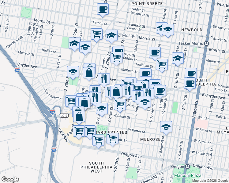 map of restaurants, bars, coffee shops, grocery stores, and more near S 21st St & Jackson St in Philadelphia