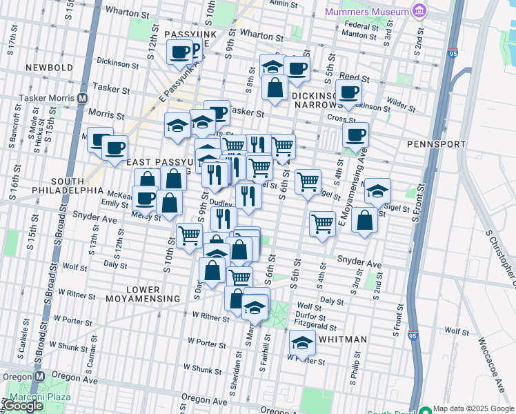 map of restaurants, bars, coffee shops, grocery stores, and more near 1923 South 7th Street in Philadelphia