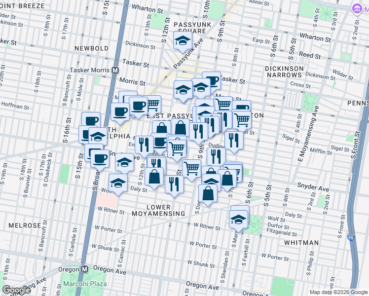 map of restaurants, bars, coffee shops, grocery stores, and more near in Philadelphia