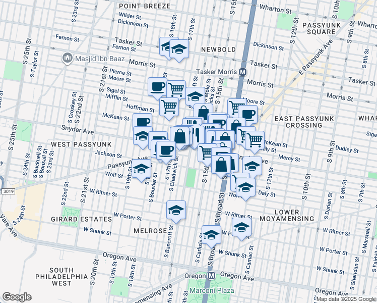 map of restaurants, bars, coffee shops, grocery stores, and more near 1600 West Passyunk Avenue in Philadelphia