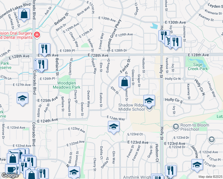 map of restaurants, bars, coffee shops, grocery stores, and more near 12643 Elm Street in Thornton