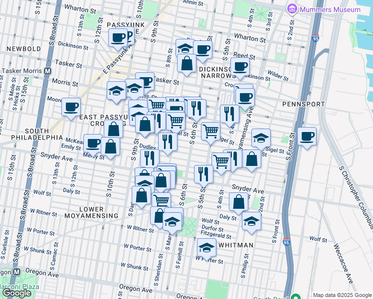 map of restaurants, bars, coffee shops, grocery stores, and more near 602 Hoffman Street in Philadelphia