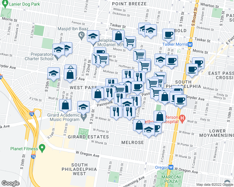 map of restaurants, bars, coffee shops, grocery stores, and more near 2138 South Garnet Street in Philadelphia