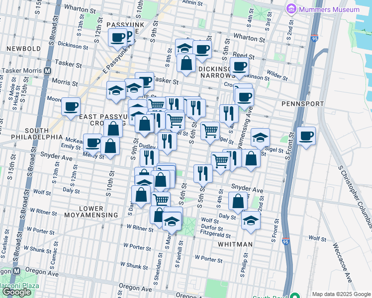 map of restaurants, bars, coffee shops, grocery stores, and more near 602 Hoffman Street in Philadelphia