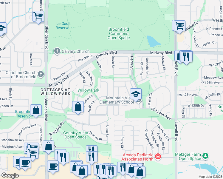 map of restaurants, bars, coffee shops, grocery stores, and more near 12533 Tammywood Street in Broomfield