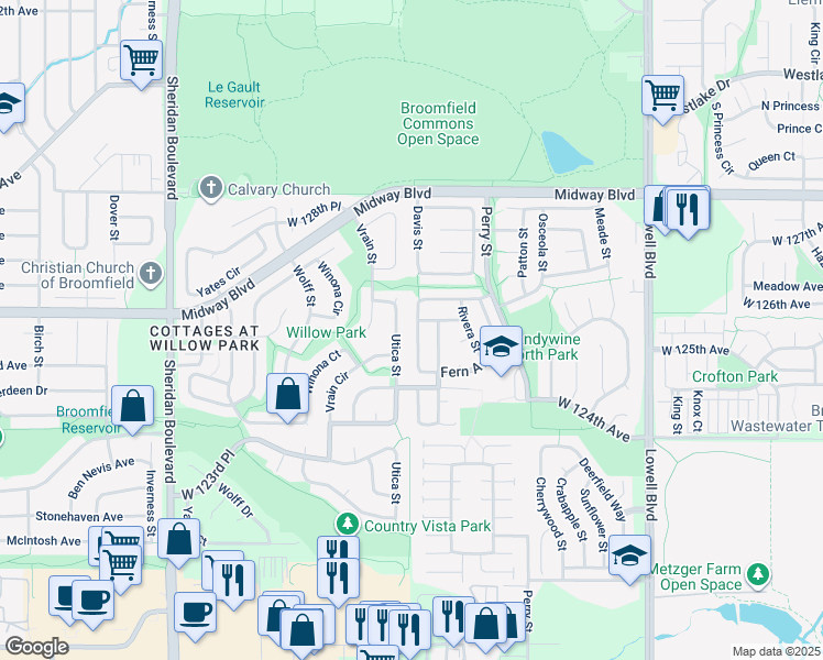 map of restaurants, bars, coffee shops, grocery stores, and more near 12569 Tammywood Street in Broomfield