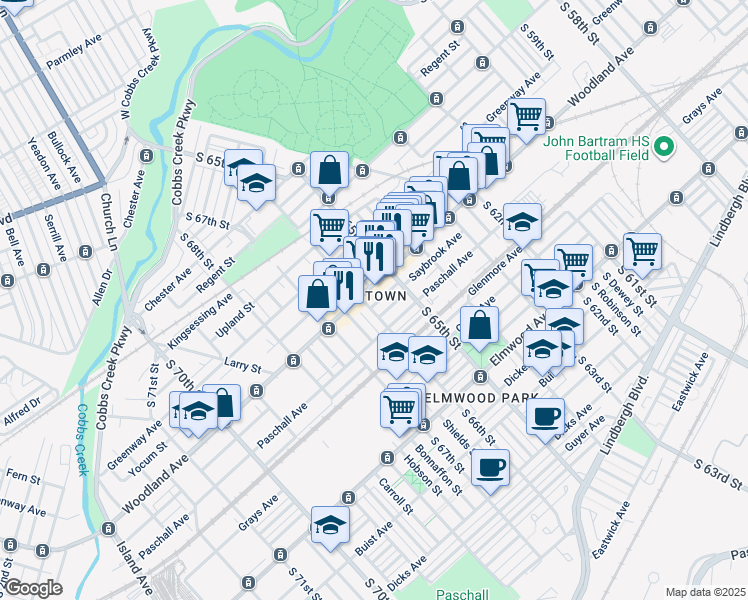 map of restaurants, bars, coffee shops, grocery stores, and more near 6537 Saybrook Avenue in Philadelphia