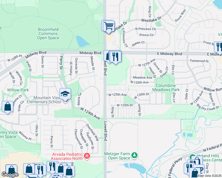 map of restaurants, bars, coffee shops, grocery stores, and more near 3551 West 125th Circle in Broomfield