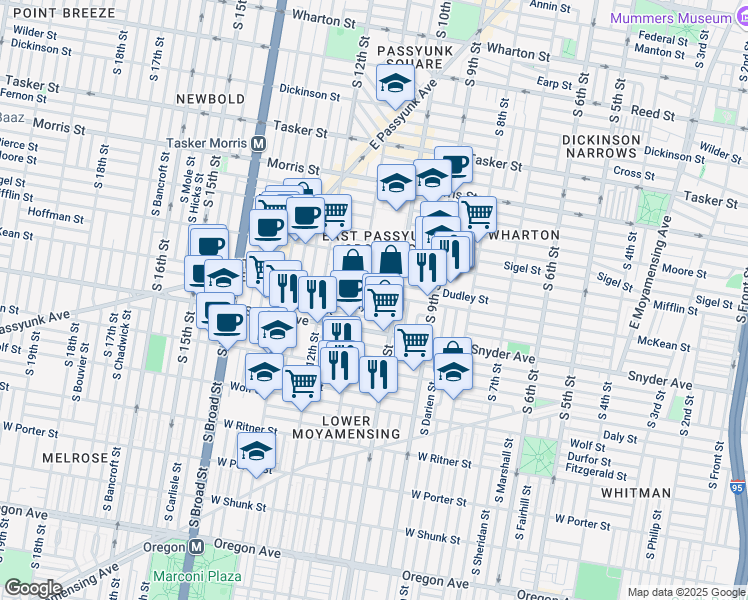 map of restaurants, bars, coffee shops, grocery stores, and more near 1018 Mercy Street in Philadelphia