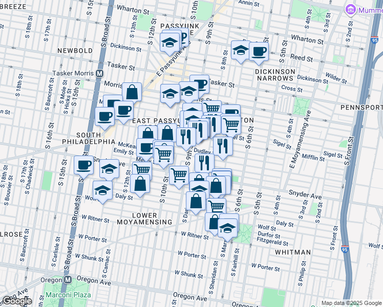 map of restaurants, bars, coffee shops, grocery stores, and more near 1941 South 9th Street in Philadelphia